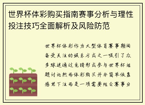 世界杯体彩购买指南赛事分析与理性投注技巧全面解析及风险防范 世界杯体彩购买指南赛事分析与理性投注技巧全面解析及风险防范